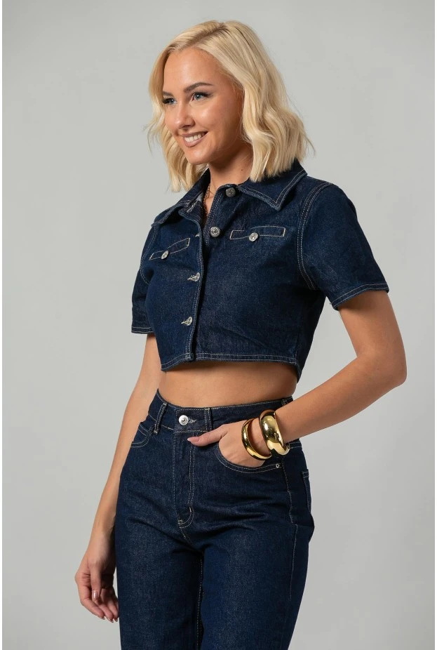 Σετ cropped jean jacket και jean straight leg με ρεβέρ μπλε ντένιμ