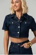 Σετ cropped jean jacket και jean straight leg με ρεβέρ μπλε ντένιμ