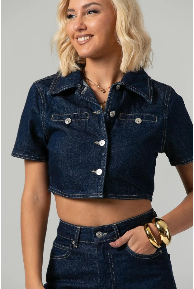 Σετ cropped jean jacket και jean straight leg με ρεβέρ μπλε ντένιμ