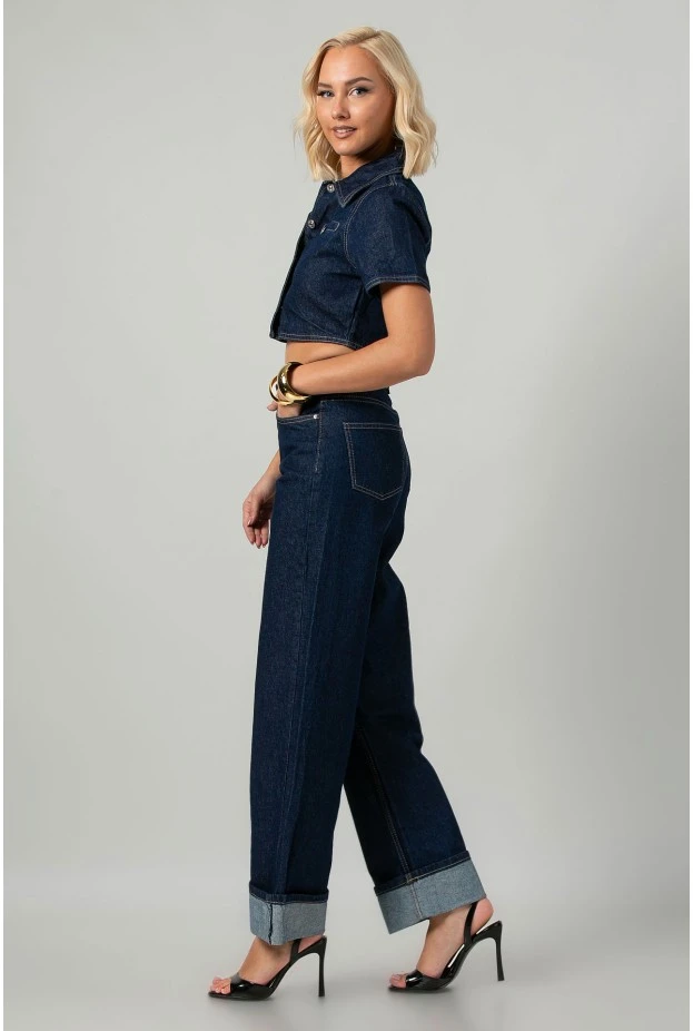 Σετ cropped jean jacket και jean straight leg με ρεβέρ μπλε ντένιμ