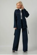 Σετ jean jacket με ζωνάκι και jean wide leg με λάστιχο μπλε ντένιμ