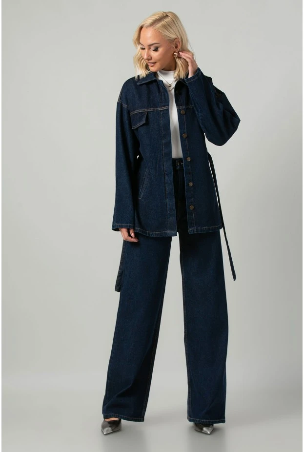 Σετ jean jacket με ζωνάκι και jean wide leg με λάστιχο μπλε ντένιμ