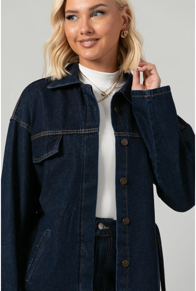 Σετ jean jacket με ζωνάκι και jean wide leg με λάστιχο μπλε ντένιμ