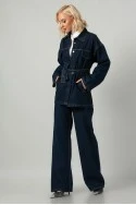 Σετ jean jacket με ζωνάκι και jean wide leg με λάστιχο μπλε ντένιμ