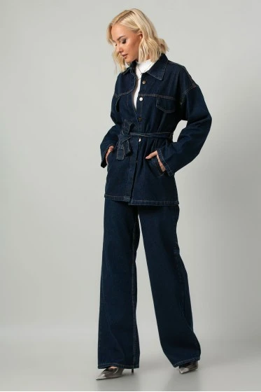 Σετ jean jacket με ζωνάκι και jean wide leg με λάστιχο μπλε ντένιμ