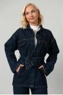 Σετ jean jacket με ζωνάκι και jean wide leg με λάστιχο μπλε ντένιμ
