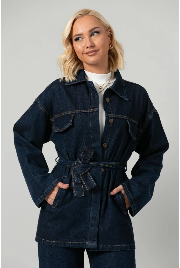 Σετ jean jacket με ζωνάκι και jean wide leg με λάστιχο μπλε ντένιμ