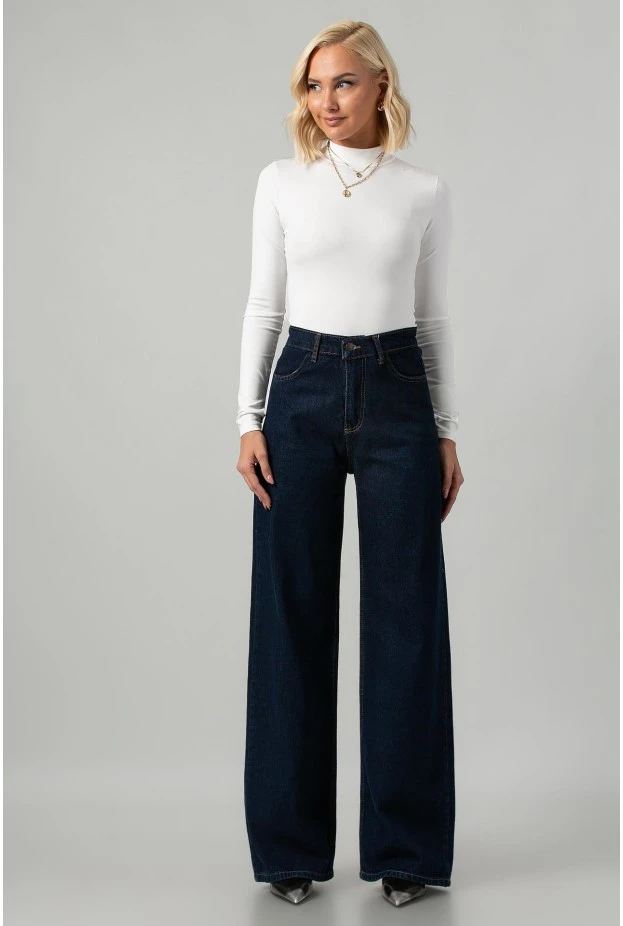 Σετ jean jacket με ζωνάκι και jean wide leg με λάστιχο μπλε ντένιμ