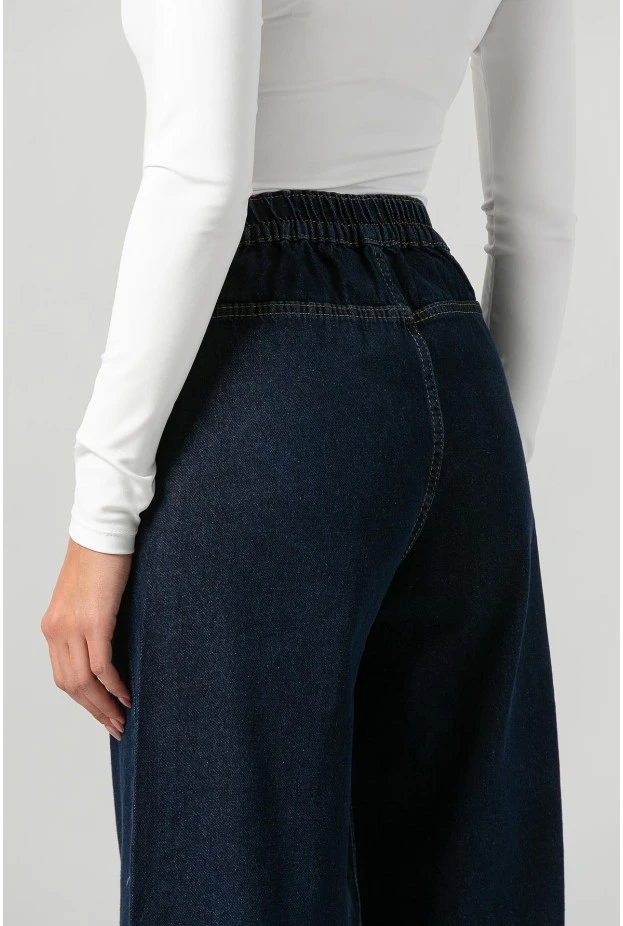 Σετ jean jacket με ζωνάκι και jean wide leg με λάστιχο μπλε ντένιμ