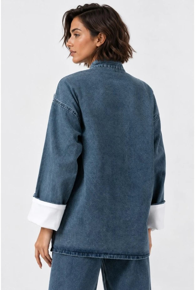 Σετ jean jacket frog closures με ρίγες και jean wide leg με λάστιχο μπλε