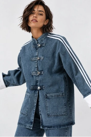 Σετ jean jacket military με ρίγες και jean wide leg με λάστιχο μπλε