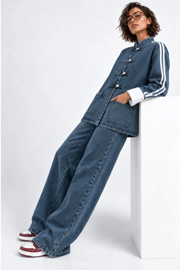 Σετ jean jacket frog closures με ρίγες και jean wide leg με λάστιχο μπλε