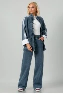 Σετ jean jacket military με ρίγες και jean wide leg με λάστιχο μπλε