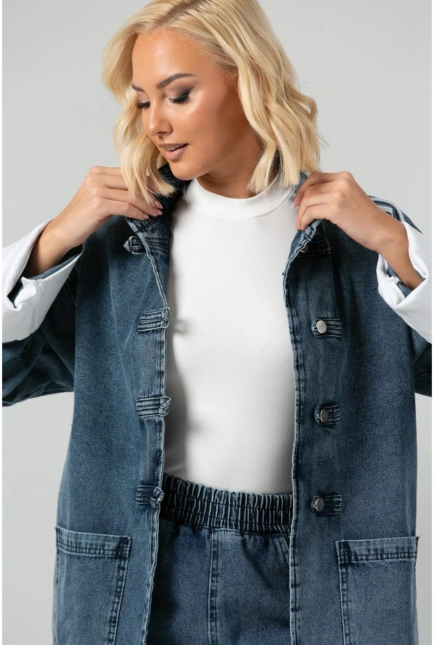 Σετ jean jacket military με ρίγες και jean wide leg με λάστιχο μπλε