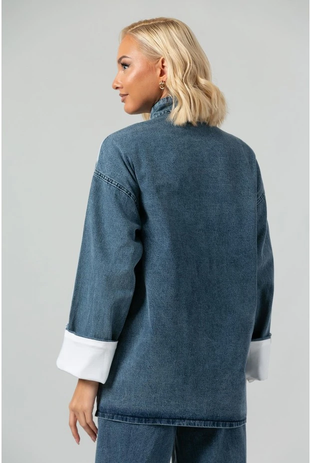 Σετ jean jacket military με ρίγες και jean wide leg με λάστιχο μπλε
