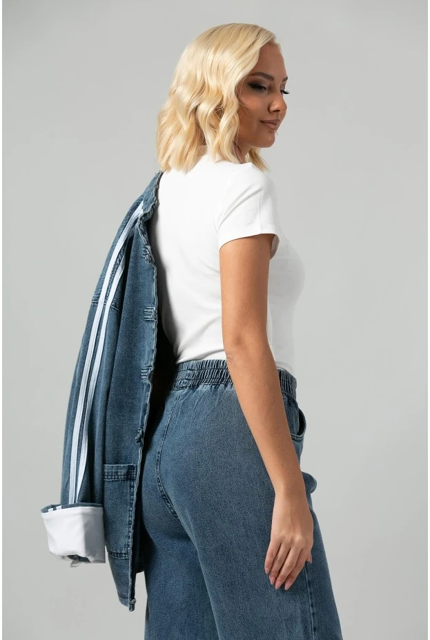 Σετ jean jacket military με ρίγες και jean wide leg με λάστιχο μπλε