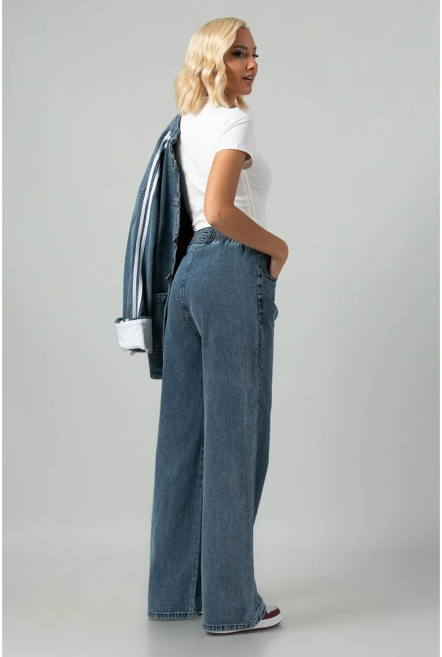 Σετ jean jacket military με ρίγες και jean wide leg με λάστιχο μπλε