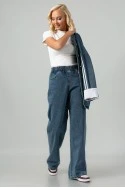 Σετ jean jacket military με ρίγες και jean wide leg με λάστιχο μπλε