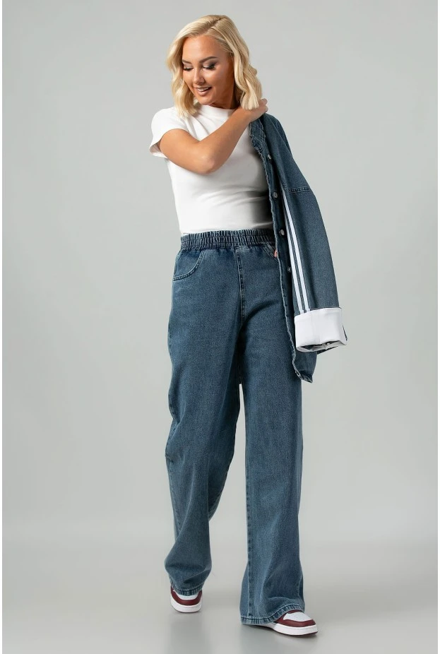 Σετ jean jacket military με ρίγες και jean wide leg με λάστιχο μπλε