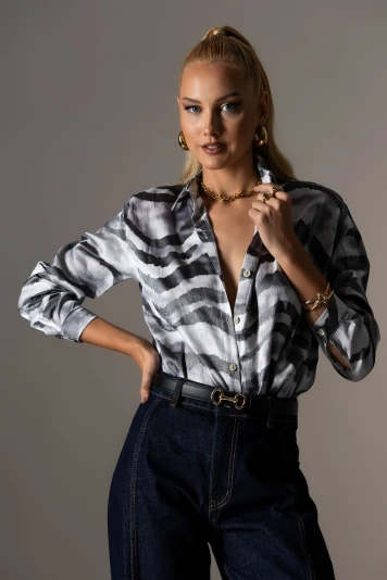 Πουκάμισο zebra print με μεταλλιζέ όψη γκρι