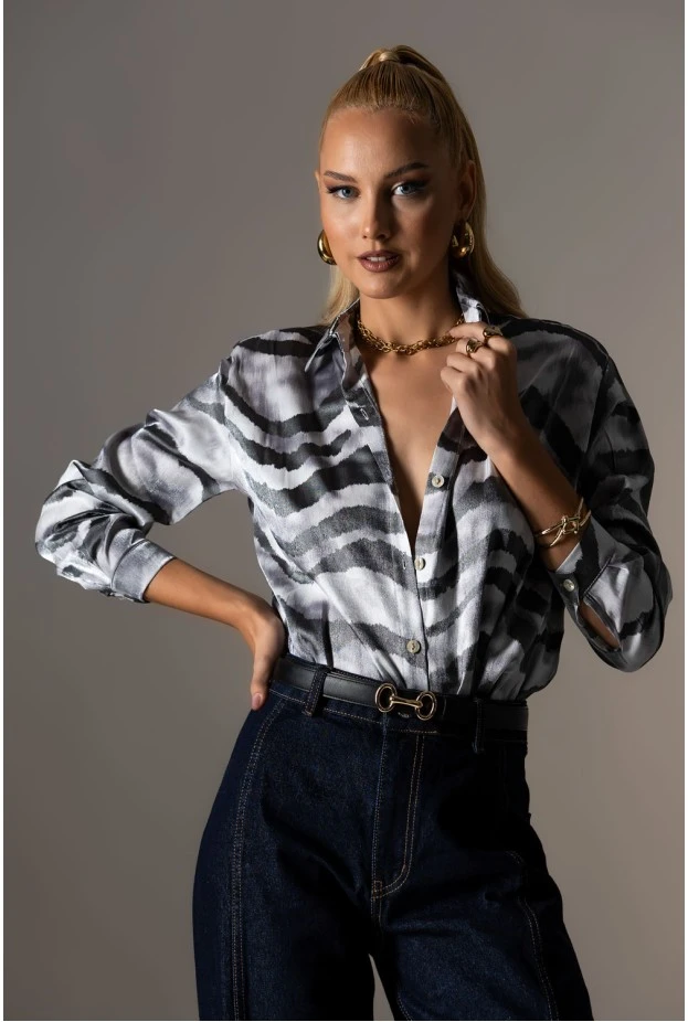 Πουκάμισο zebra print με μεταλλιζέ όψη γκρι