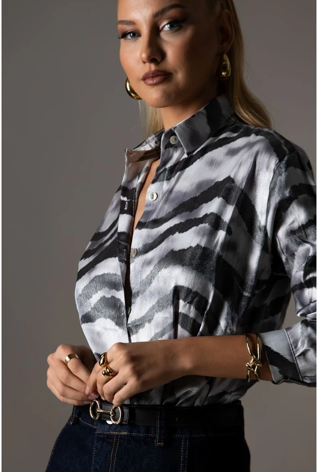 Πουκάμισο zebra print με μεταλλιζέ όψη γκρι
