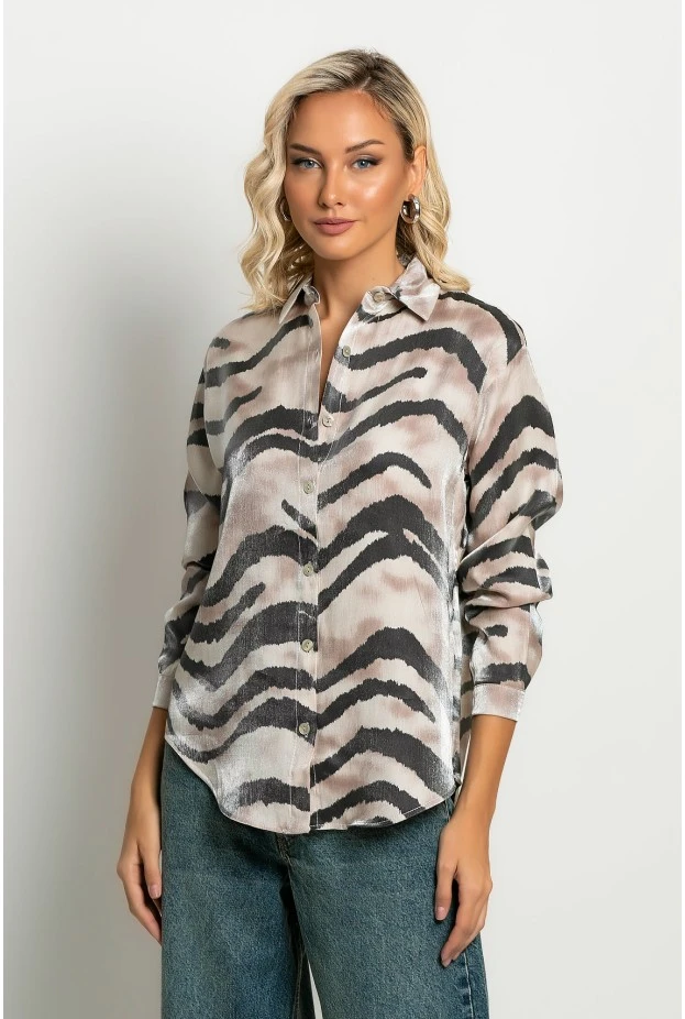Πουκάμισο zebra print με μεταλλιζέ όψη μπεζ