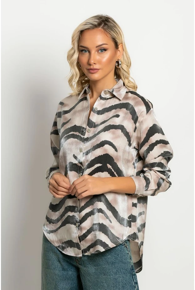 Πουκάμισο zebra print με μεταλλιζέ όψη μπεζ