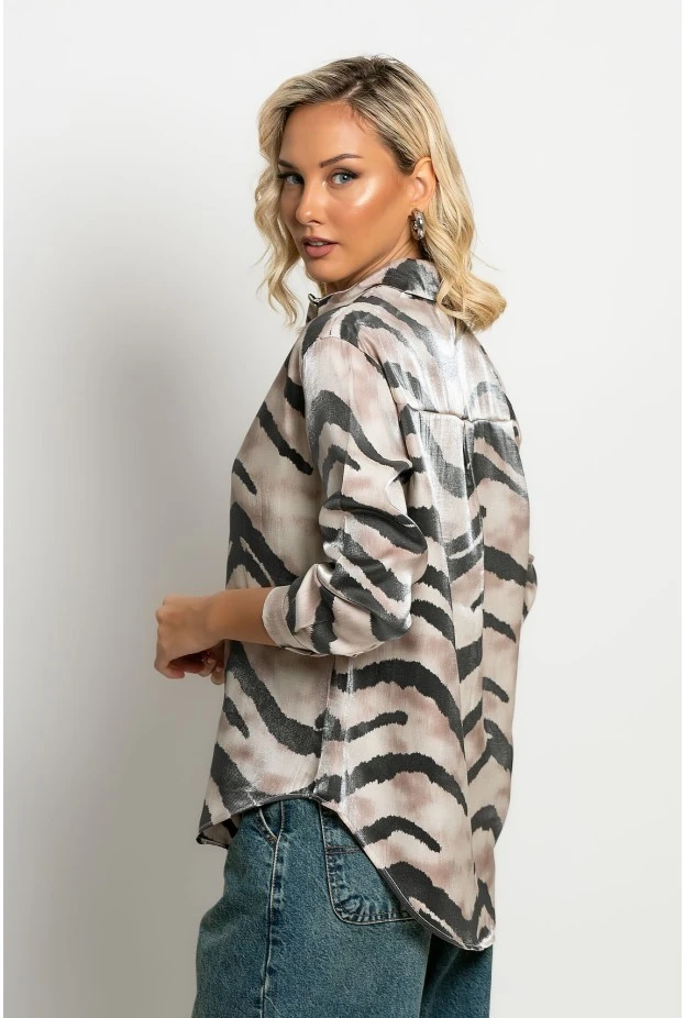 Πουκάμισο zebra print με μεταλλιζέ όψη μπεζ
