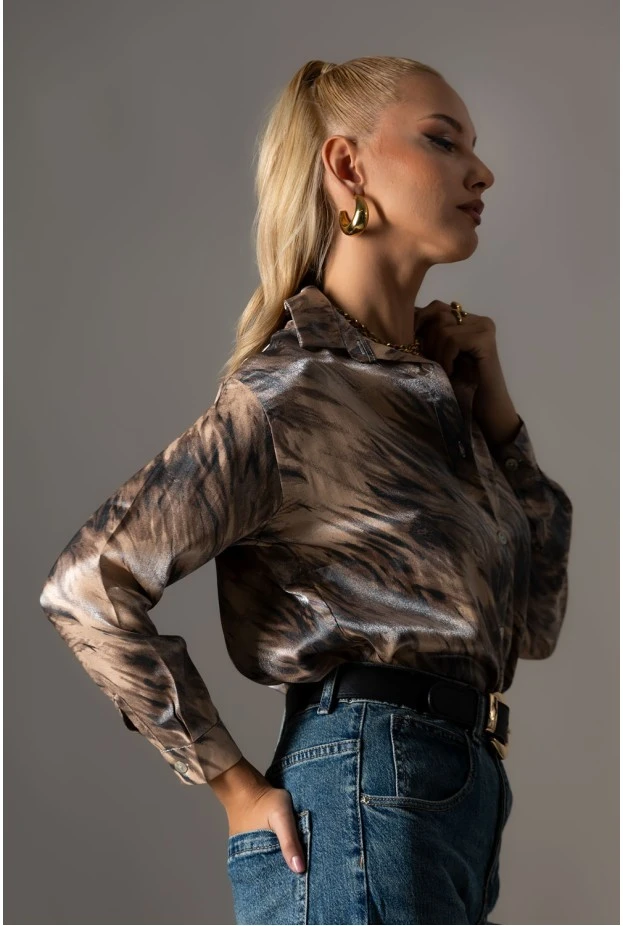 Πουκάμισο tie dye print με μεταλλιζέ όψη μπεζ