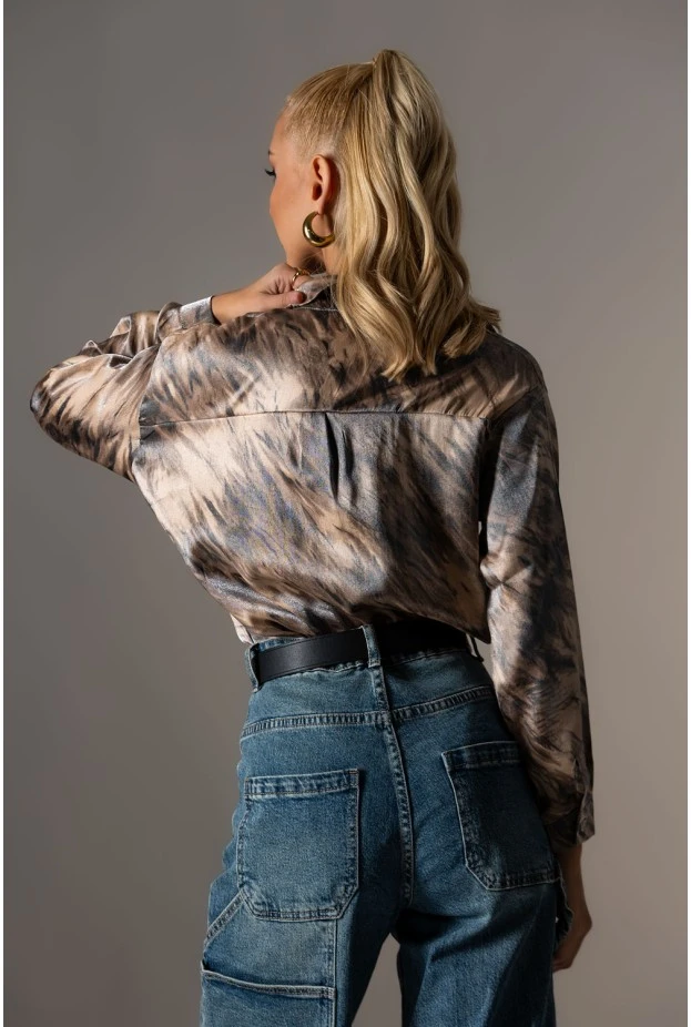 Πουκάμισο tie dye print με μεταλλιζέ όψη μπεζ