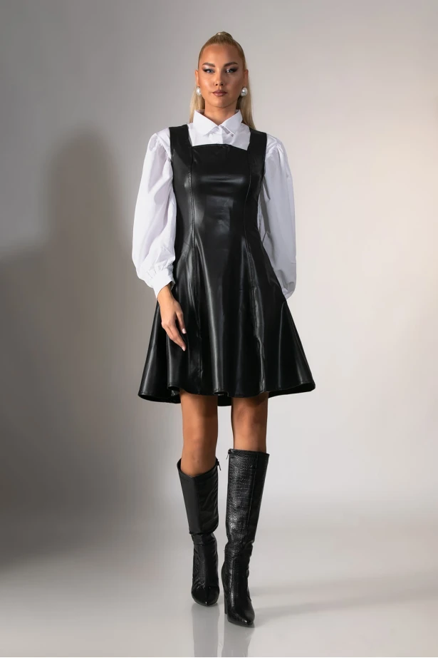 Μίντι φόρεμα δερματίνη με τετράγωνη  λαιμόκοψη μαύρο