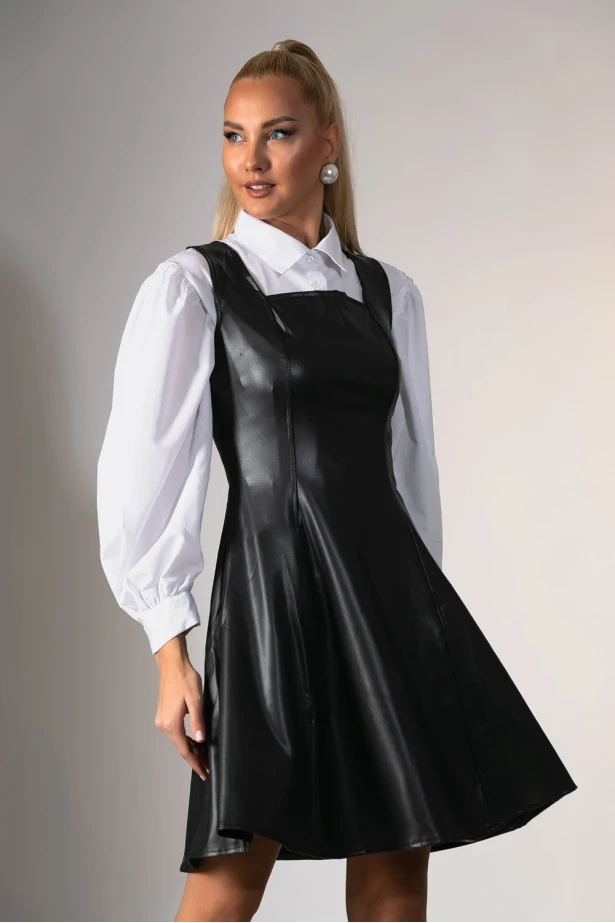 Μίντι φόρεμα δερματίνη με τετράγωνη  λαιμόκοψη μαύρο