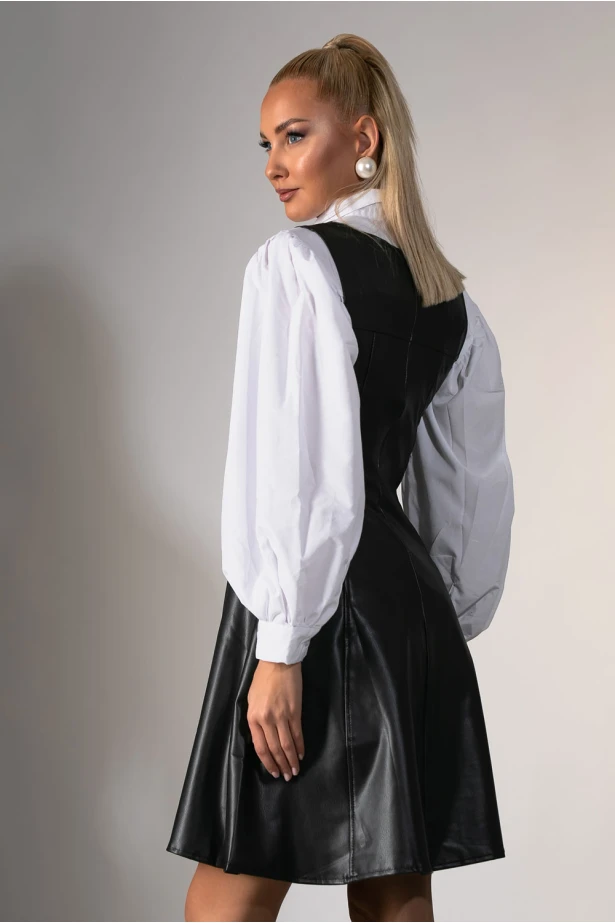 Μίντι φόρεμα δερματίνη με τετράγωνη  λαιμόκοψη μαύρο