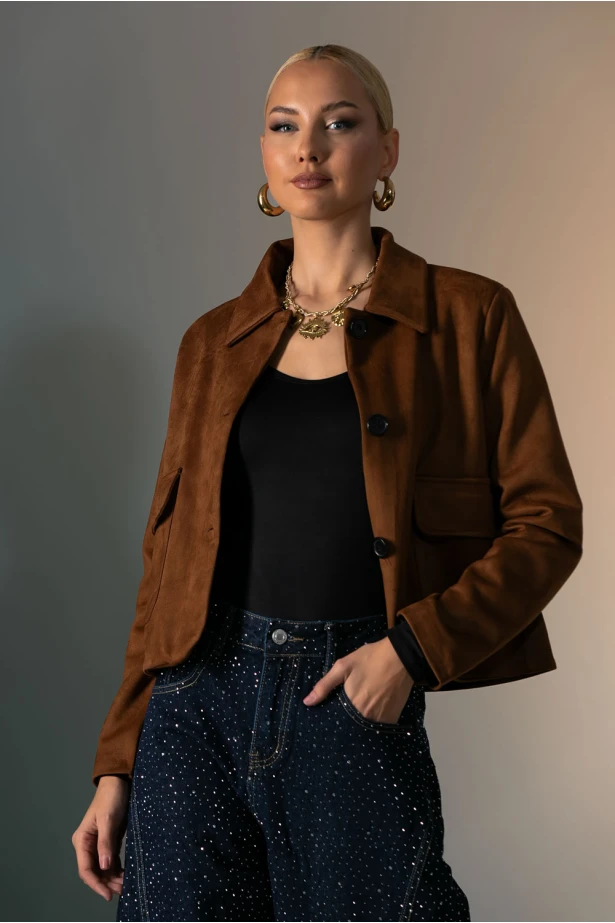 Cropped σακάκι σουέντ με βάτες καφέ