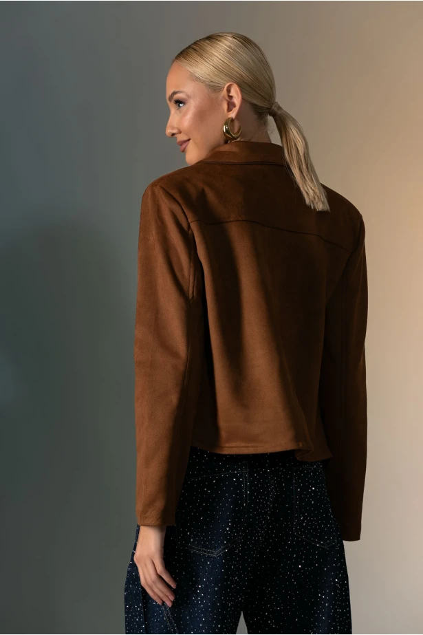 Cropped σακάκι σουέντ με βάτες καφέ