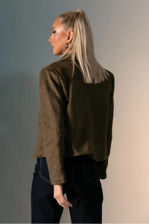 Cropped σακάκι σουέντ με βάτες χακί