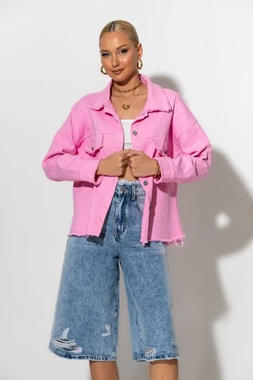  Jean jacket με ξέφτια ροζ 
