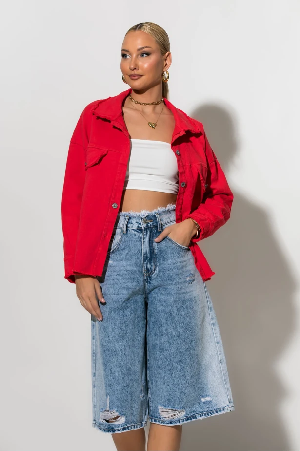 Jean jacket με ξέφτια κόκκινο Jean jacket με ξέφτια κόκκινο