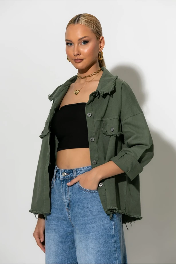 Jean jacket με ξέφτια χακί Jean jacket με ξέφτια χακί