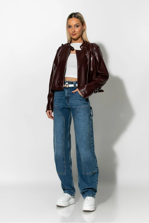 Jacket leather με φερμουάρ μπορντό