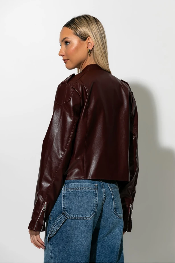 Jacket leather με φερμουάρ μπορντό