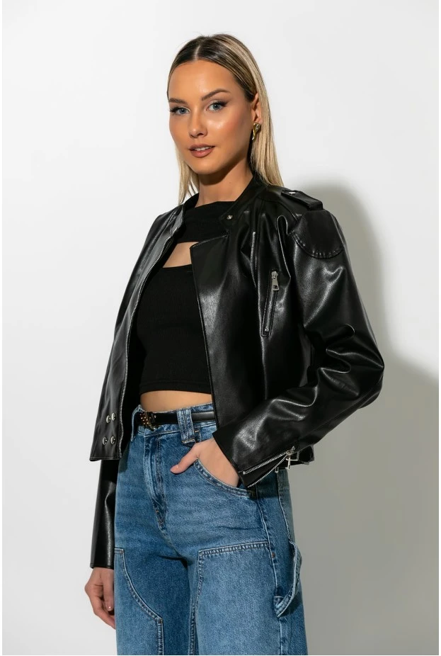 Jacket leather με φερμουάρ μαύρο
