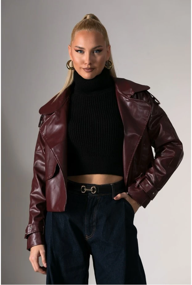 Jacket δερματίνη με γιακά μπορντό