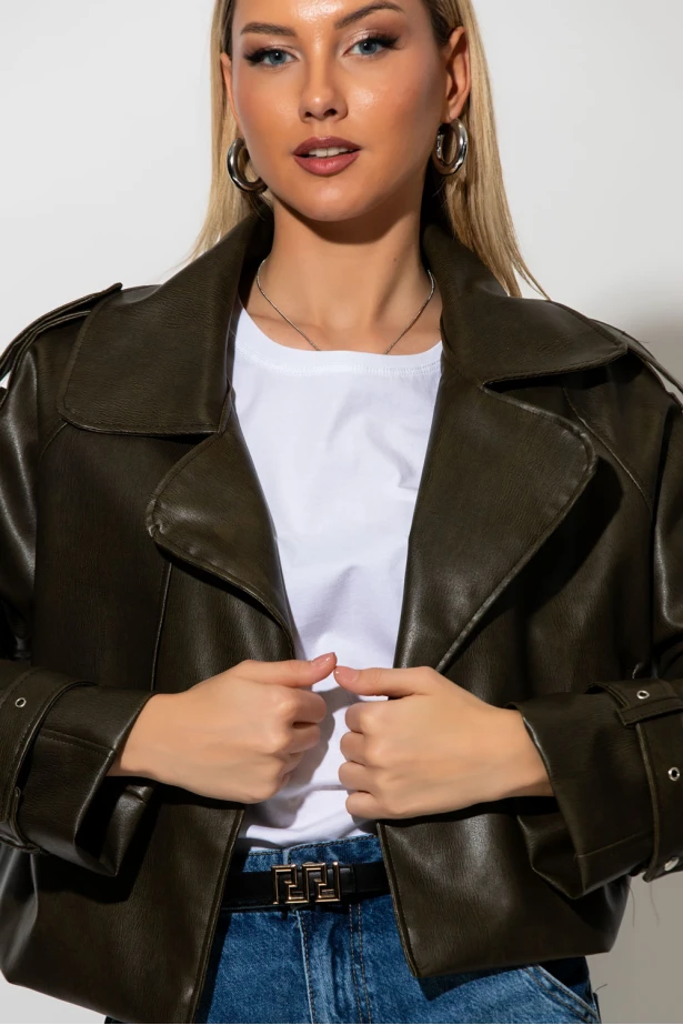 Jacket δερματίνη με γιακά λαδί Jacket δερματίνη με γιακά λαδί