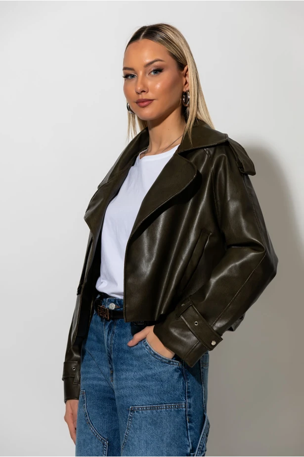 Jacket δερματίνη με γιακά λαδί Jacket δερματίνη με γιακά λαδί
