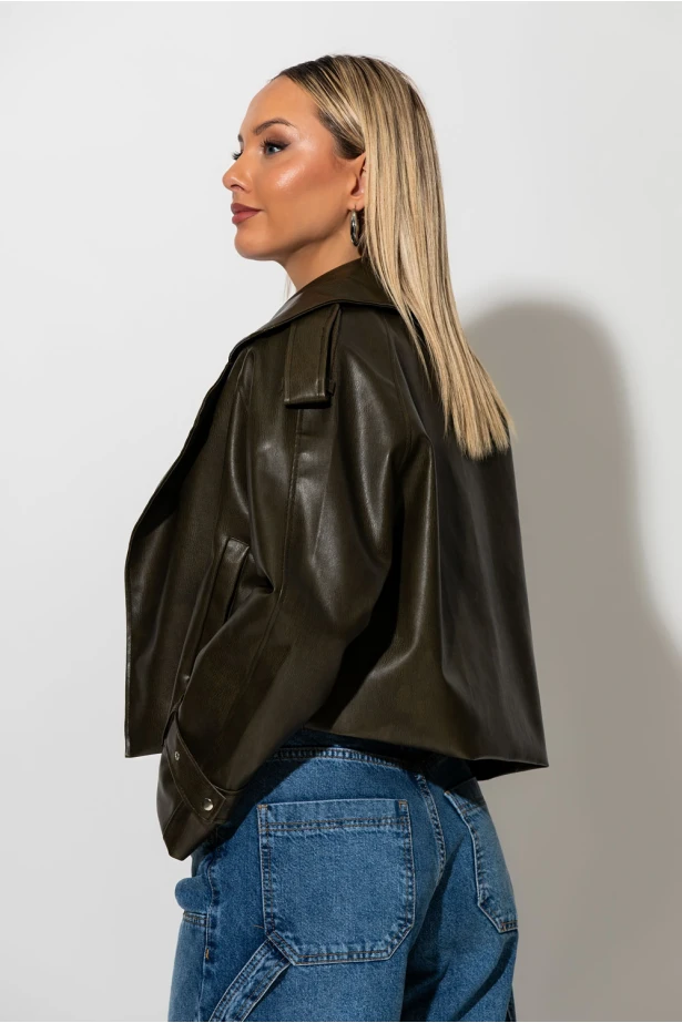 Jacket δερματίνη με γιακά λαδί Jacket δερματίνη με γιακά λαδί
