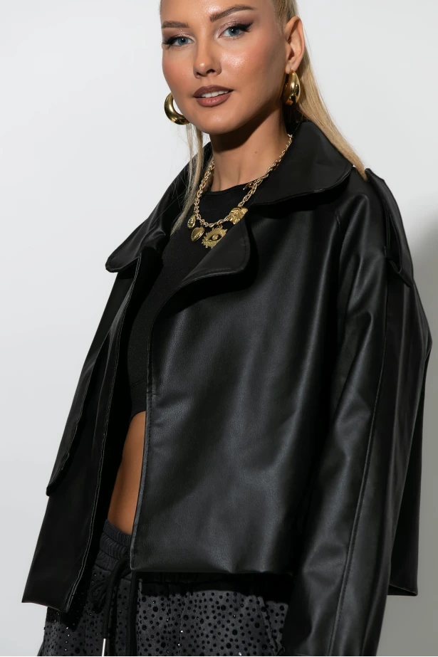 Jacket δερματίνη με γιακά μαύρο Jacket δερματίνη με γιακά μαύρο