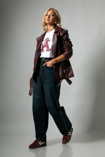 Oversized leather jacket μπορντό