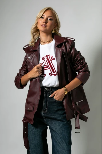 Oversized leather jacket μαύρο